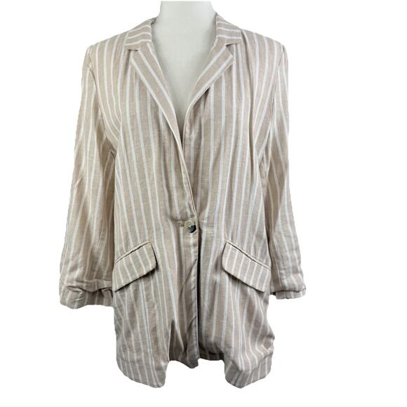 BP. Beige Striped Boyfriend Blazer Small Cinched 3/4 Sleeve Oversized Neutral - Picture 1 of 15